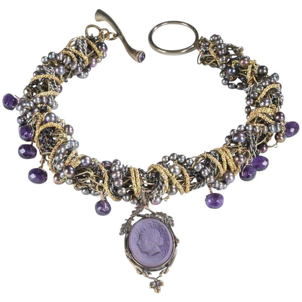 Vintage Genuine Amethyst Pearl Cameo Torsade Necklace