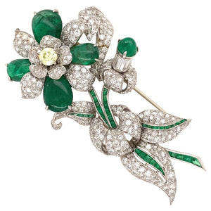 8.95 Carat Diamond and Emerald Platinum Retro Brooch Pin Estate Fine Jewelry
