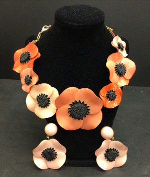 Designer Signed Ciléa Paris Pink Poppy Flower Necklace and Clip Earrings France