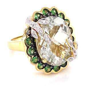 7 Carat Prasiolite, Tsavorites and Diamonds Gold Ring Estate Fine Jewelry