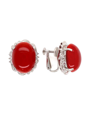 Red Coral and Diamond Platinum Retro Style Clip Earrings Fine Estate Jewelry