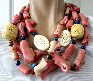 Designer Gordon Micunis Heirloom Multi Strand Coral Carved Bone Necklace