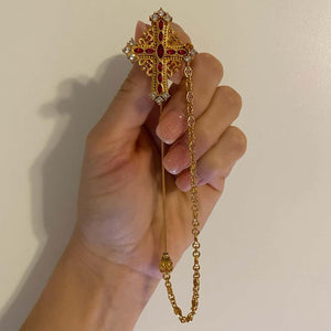 Designer Signed Dolce & Gabbana Ornate Ruby Crystal Golden Cross Jabot Pin