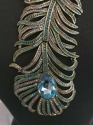 HEIDI DAUS Swarovski Crystal Aurora Borealis Peacock Feather Necklace EstateFind