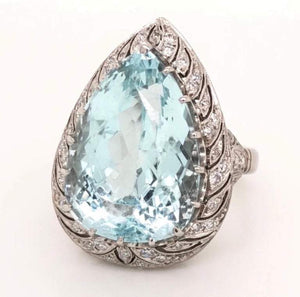 Art Deco 17.80 Carat Pear Aquamarine Diamond Platinum Ring Estate Fine Jewelry