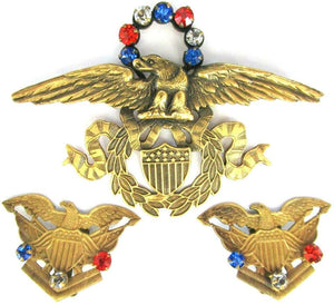 American Eagle Red White and Blue Crest Joseff of Hollywood Pin and Earrings