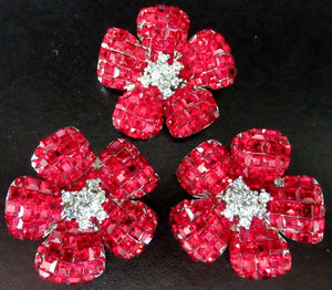 Designer Signed Foxey Boutique Sparkling Red Crystal Flower Brooch and Earrings