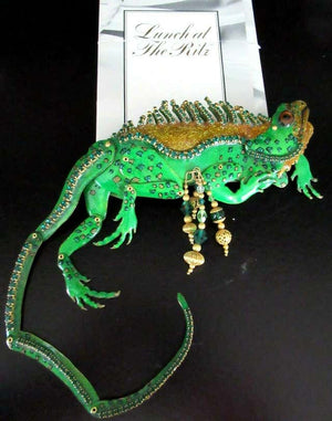 Signed LUNCH AT THE RITZ Green Enamel Crystal Iguana Lizard Brooch and Enhancer