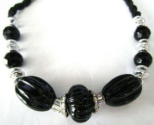 LANVIN Vintage Black Melon Lucite Beads and Sparkling Ice Rhinestone CZ Necklace