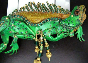 Signed LUNCH AT THE RITZ Green Enamel Crystal Iguana Lizard Brooch and Enhancer
