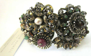 Designer Ornate Encrusted Flowers Clamper Bracelet by Miriam Haskell