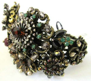 Designer Ornate Encrusted Flowers Clamper Bracelet by Miriam Haskell