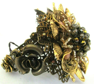 Designer Miriam Haskell Rhinestone Elaborate Flower Clamper Bracelet