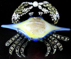 Designer Signed Moans Couture Blown Glass and Crystal Figural Crab Brooch Pin