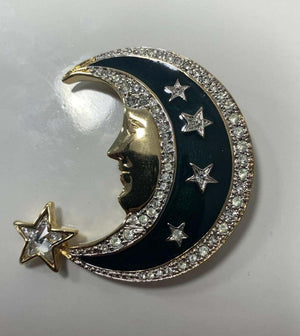 Vintage Butler and Wilson Enamel Crescent Moon and Stars Brooch Pin