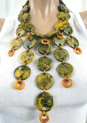 Vintage Designer Black and Mustard Bakelite Necklace and Earrings by ANKA