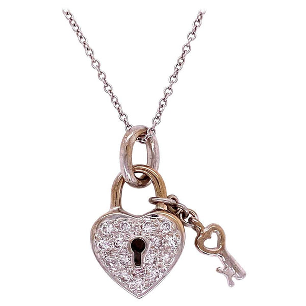 Diamond Pave Heart Lock and Key 18k Gold Pendant Necklace Estate Fine Jewelry