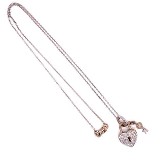 Diamond Pave Heart Lock and Key 18k Gold Pendant Necklace Estate Fine Jewelry