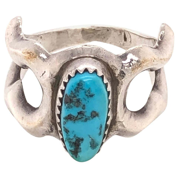 Stylized Owl Turquoise Native American Sterling Silver Ring Estate Fine Jewelry
