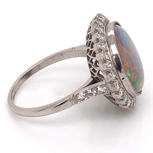 3.89 Carat Australian Opal Diamond Platinum Cocktail Ring Estate Fine Jewelry