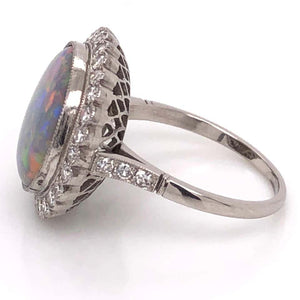 3.89 Carat Australian Opal Diamond Platinum Cocktail Ring Estate Fine Jewelry