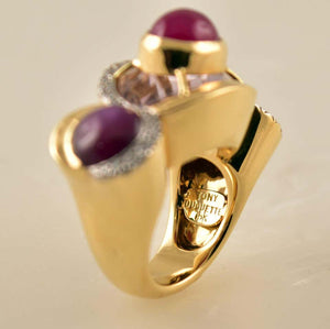 Pink Amethyst, Star Ruby, Ruby and Diamond Gold Ring Tony Duquette Fine Jewelry