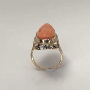 Antique Victorian Carved Coral Diamond Gold Ring Estate Fine Jewelry