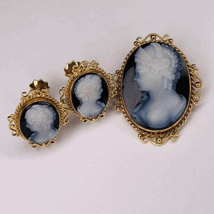 Victorian Carved Onyx Cameo Gold Brooch Pendant and Earrings Fine Estate Jewelry