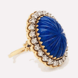 Carved Lapis Lazuli and Diamond Cocktail 18 Karat Gold Ring Estate Fine Jewelry