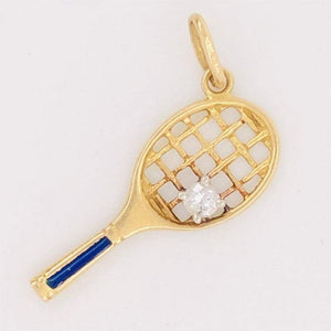 Tennis Racket Diamond Blue Enamel Gold Charm Pendant Estate Fine Jewelry