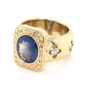 Mid-Century Modern 4 Carat Blue Sapphire Diamond Gold Ring Estate Fine Jewelry