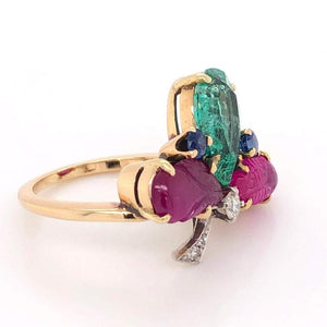 Emerald Ruby Sapphire and Diamond Tutti Fruiti Cocktail Ring Fine Estate Jewelry