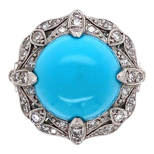 Turquoise and Diamond Art Deco Style Platinum Cocktail Ring Estate Fine Jewelry