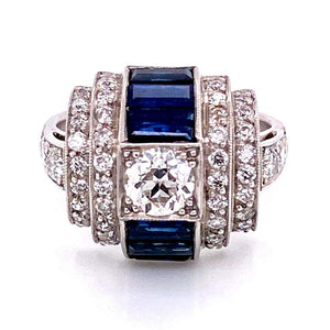 Diamond and Sapphire Art Deco Style Platinum Cocktail Ring Estate Fine Jewelry