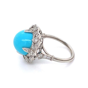 Turquoise and Diamond Art Deco Style Platinum Cocktail Ring Estate Fine Jewelry