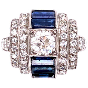Diamond and Sapphire Art Deco Style Platinum Cocktail Ring Estate Fine Jewelry