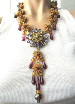 Designer Signed Stanley Hagler Purple and Yellow Crystal Necklace and Earrings