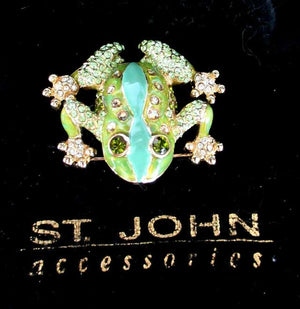 Designer St John Crystal and Enamel Frog Pin Brooch in Original Pouch