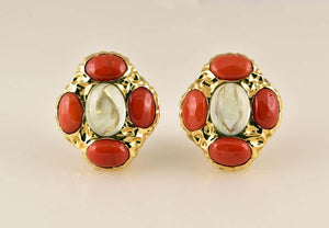 Fluorite and Red Coral Gold Clip-On Earrings Tony Duquette Fine Jewelry