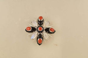 Moonstone, Coral and Black Onyx Gold Brooch Pin Tony Duquette Fine Jewelry