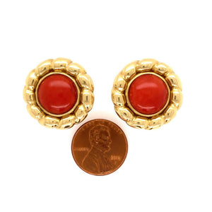 Vintage Pair of Red Coral Gold Button French Clip Earrings Estate Fine Jewelry