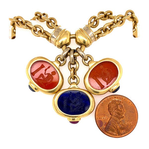 Carved Carnelian and Lapis Lazuli Gold Chain Necklace Estate Fine Jewelry