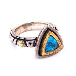 Blue Topaz Trillion Ring Silver and Gold John Atencio Ring Estate Fine Jewelry