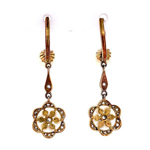 Diamond and Pearl Rose Gold Victorian Style Drop Earrings Fine Estate Jewelry