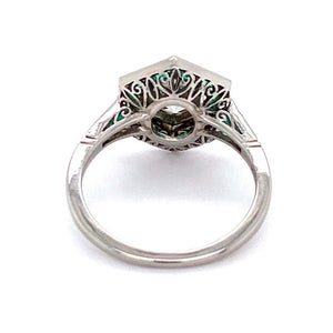 Emerald and Diamond Hexagon Art Deco Style Platinum Ring Fine Estate Jewelry