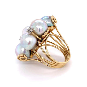 Pearls and Diamonds Modernist Gold Cocktail Cluster Ring Estate Fine Jewelry