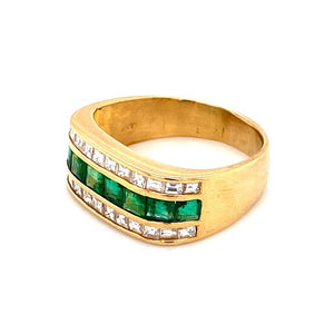 Muzo Emerald and Asscher Cut Diamond Gold Band Cocktail Ring Estate Fine Jewelry