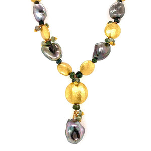 Tahitian Pearl Sapphire Gold Laura Gibson Designer Necklace Estate Fine Jewelry