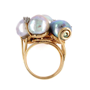 Pearls and Diamonds Modernist Gold Cocktail Cluster Ring Estate Fine Jewelry