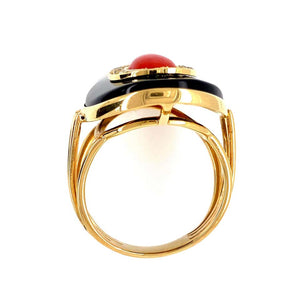 Red Coral Diamond and Onyx Art Deco Style Gold Ring Estate Fine Jewelry